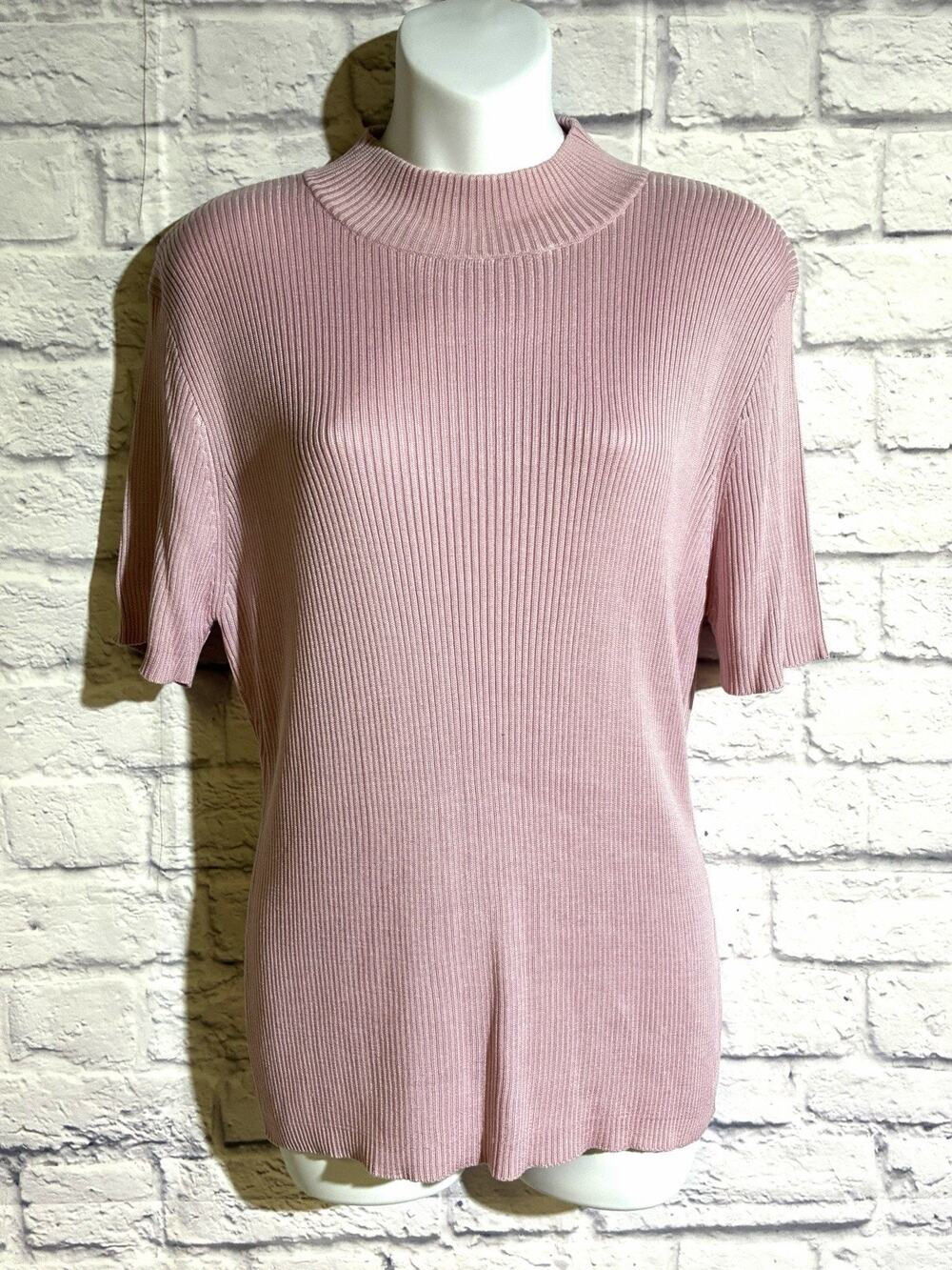 Vintage 1990s Saks Fifth Avenue Silk Top Pink Ribbed Mock Neck Short Sleeve XL